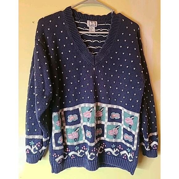 Vintage Women's Medium Heavy Knit V-neck Sweater Blue Hearts Flowers Grandma Mom - Picture 5 of 5